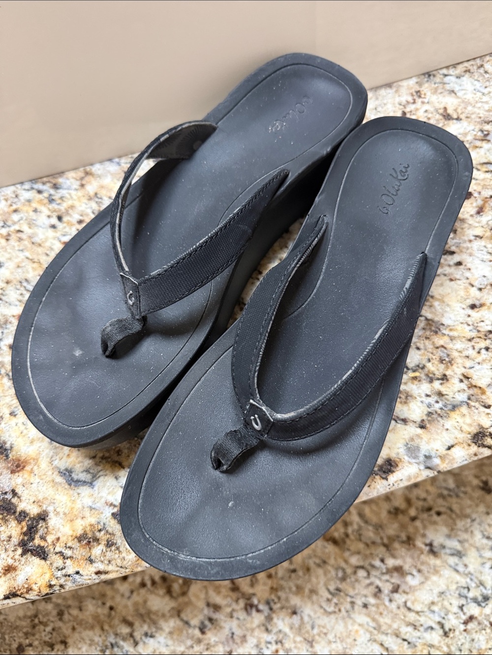 Olukai Black Women's Wedge Flip-Flop Sandals
